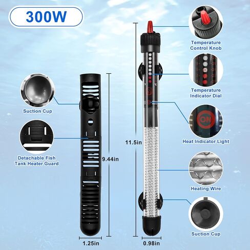2 Pack 300W Submersible Aquarium Heater, Adjustable Temperature Fish Tank Heater with Thermometer, Protective Case and Suction Cup for 40-90 Gallon Saltwater Freshwater Fish Tank, Turtle Tank in Kuwait
