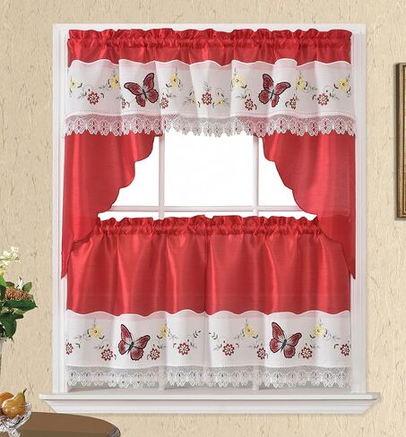 حزب الفراشة GOHD. طقم ستائر مطبخ ومقهى 3 قطع. تطريز مزخرف للفراشة بلونين شريكين. (مجموعة طبقات أرجوانية وحمراء وغنيمة و24 بوصة) in Kuwait