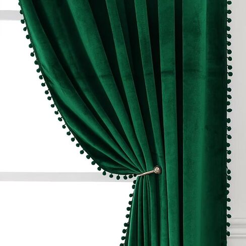 ستائر yurihome pom pom المخملية مقاس 120 بوصة لغرفة النوم، ستائر مخملية زمردية - ستائر نافذة معزولة حراريًا لتعتيم الشمس وحاجبة للشمس لغرفة المعيشة، لوحتان، 52 × 120 بوصة in Kuwait