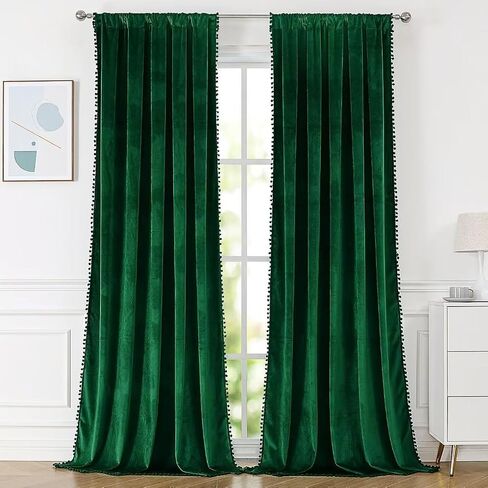 ستائر yurihome pom pom المخملية مقاس 120 بوصة لغرفة النوم، ستائر مخملية زمردية - ستائر نافذة معزولة حراريًا لتعتيم الشمس وحاجبة للشمس لغرفة المعيشة، لوحتان، 52 × 120 بوصة in Kuwait