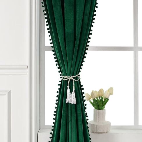 ستائر yurihome pom pom المخملية مقاس 120 بوصة لغرفة النوم، ستائر مخملية زمردية - ستائر نافذة معزولة حراريًا لتعتيم الشمس وحاجبة للشمس لغرفة المعيشة، لوحتان، 52 × 120 بوصة in Kuwait
