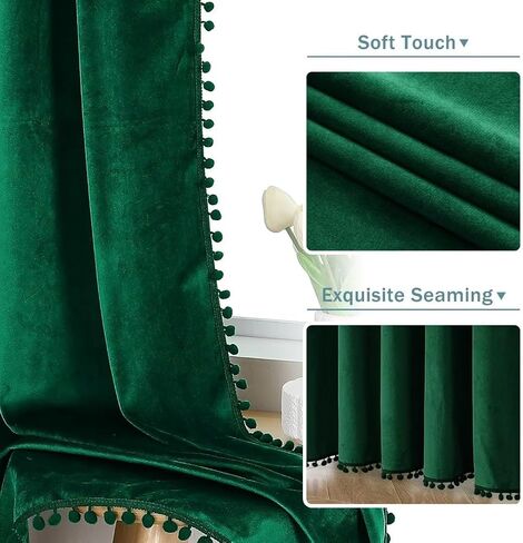 ستائر yurihome pom pom المخملية مقاس 120 بوصة لغرفة النوم، ستائر مخملية زمردية - ستائر نافذة معزولة حراريًا لتعتيم الشمس وحاجبة للشمس لغرفة المعيشة، لوحتان، 52 × 120 بوصة in Kuwait