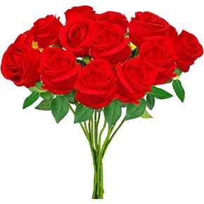 hailanbao Red Artificial Roses with Long Stems, 12Pcs Realistic Roses Artificial Flowers, Faux Roses | Bulk Fake Flowers for Home Decor, Wedding Party Table Centerpieces, DIY Bouquet in Kuwait