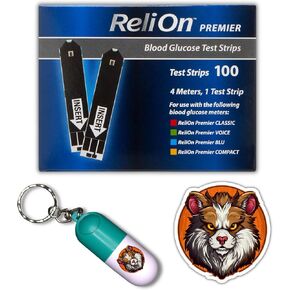 شرائط اختبار جلوكوز الدم من ريلاون بريميير، حزمة مكونة من 100 قطعة مع حاوية شرائط اختبار حصرية وملصق (3 قطع) in Kuwait