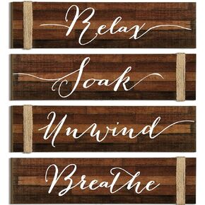 4 Pieces Farmhouse Bathroom Decor Wall Art Bathroom Sign Rustic Bathroom Decor Relax Soak Unwind Breathe Wood Sign for Home Spa Bathroom Decor, 11.8 x 3 Inch (Black) in Kuwait