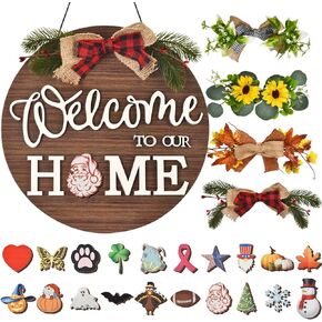 Welcome Sign for Front Door, Interchangeable Welcome Sign with 4 Seasonal Wreaths & 20 Customizable Icons, Rustic Wooden Welcome Home Sign - Perfect for Farmhouse Decor and Housewarming Gifts! in Kuwait