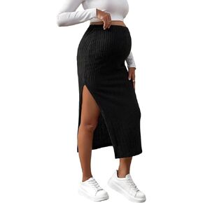 OYOANGLE Women's Maternity Adjustable High Waist Split Thigh Rib Knitted Bodycon Midi Skirts in Saudi Arabia