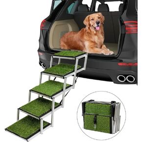 Extra Wide Dog Car Stairs Adjustable Large Pet Dogs Ladder Lightweight Aluminum Foldable Dog Ramp with 5 Steps and Artificial Grass Non-Slip Surface for Cars SUV and High Beds,Supports up to 150 Lbs in Kuwait