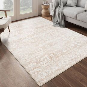 9x12 Area Rug for Living Room, Stain Resistant Neutral Washable Rugs for Dining Room, Bedroom, Floral Vintage Non-Slip Extra Large Beige Rug