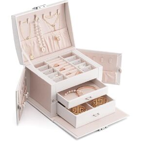 منظم صندوق المجوهرات من Oyydecor للنساء والفتيات، جلد PU كبير، صندوق تخزين مجوهرات متوسط ​​الحجم مع قفل منظم مجوهرات متوسط ​​الحجم حقيبة مجوهرات محمولة للسفر (أبيض) in Kuwait