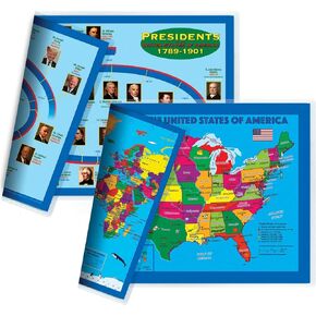Natural Learning Children's Placemat (2 Placemats: USA/Europe Centered World Map; Alphabet/Colors and Numbers/Shapes 4-in-1)