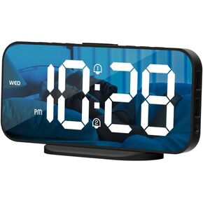 ALANAS Digital Alarm Clock with Dual Alarms, Mirror LED Bedroom Alarm Clocks for Kids, Adjustable Brightness, Snooze, 2 USB Ports for Cellphone Charging, 12/24 Hour Display. (Pink)