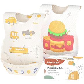 SUPEI FEIKY 50 PCS Disposable Bibs, Baby Bibs for Girls and Boys, Travel Bibs with Individual Package, Large Pocket, Waterproof and Adjustable in Kuwait