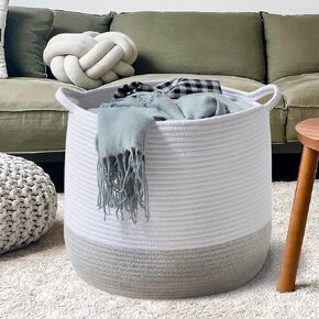 Rope Basket Woven Storage Basket 17.3x 15 x 14.1 Inches Cotton Blanket Organizer Laundry Basket Large，Baby Nursery Containers White Home Decor Gift
