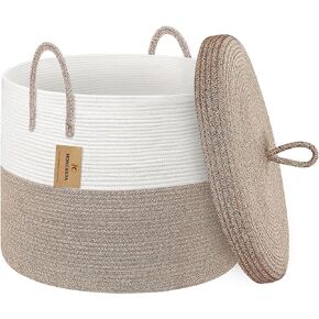 HONCESTA Extra Large Woven Basket with Lid, 20" X 15" Wicker Blanket Storage Basket Living Room, Tall Rope Storage Baskets for Toys, Decorative Kids Toy Bin Box with Cover, Baby Laundry Basket Hamper