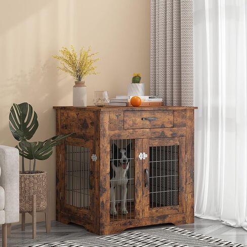 أثاث قفص الكلاب من HBRR، طاولة نهاية خشبية لبيت الكلاب للكلاب الصغيرة والمتوسطة، بيت كلب شبكي داخلي مع أبواب ودرج مزدوج، قفص للكلاب، بني in Kuwait