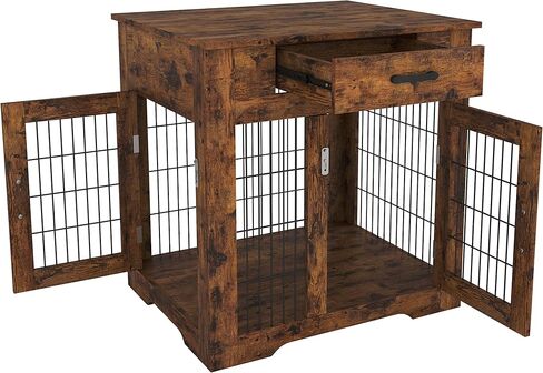 أثاث قفص الكلاب من HBRR، طاولة نهاية خشبية لبيت الكلاب للكلاب الصغيرة والمتوسطة، بيت كلب شبكي داخلي مع أبواب ودرج مزدوج، قفص للكلاب، بني in Kuwait