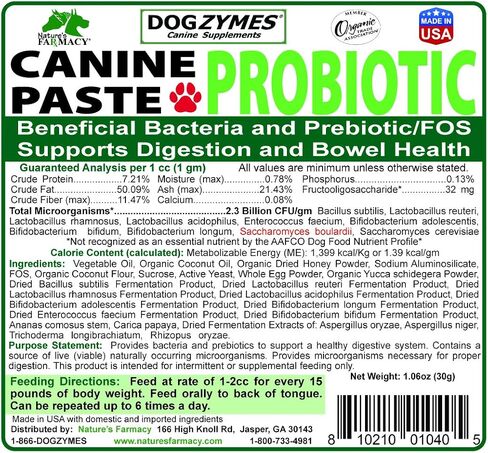Dogzymes Canine Probiotic Paste Beneficial Bacteria-Enzyme 2.3 Billion CFU/gm Saccharomyces boulardii Organic Dried Honey Powder (30 Gram) in Kuwait