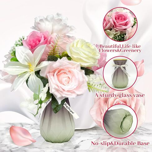 VUPGLOWW Artificial Silk Flowers in Vase,Pink & White Rose in Kuwait