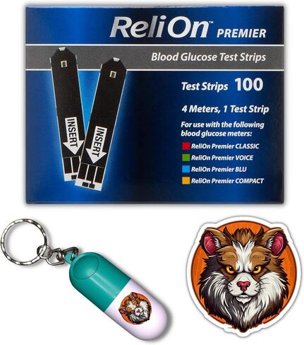 شرائط اختبار جلوكوز الدم من ريلاون بريميير، حزمة مكونة من 100 قطعة مع حاوية شرائط اختبار حصرية وملصق (3 قطع) in Kuwait