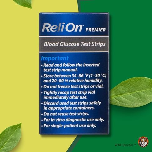 شرائط اختبار جلوكوز الدم من ريلاون بريميير، حزمة مكونة من 100 قطعة مع حاوية شرائط اختبار حصرية وملصق (3 قطع) in Kuwait