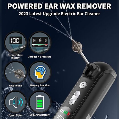 إزالة شمع الأذن - ترقية منظف الأذن الكهربائي - 3 أوضاع لنظام تنظيف الأذن مع 8 إعدادات للضغط مع شاشة LED كبيرة - ذاكرة تلقائية لمراقبة درجة الحرارة (قياسية) in Kuwait