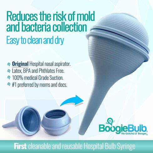 BoogieBulb Baby شفاط الأنف ومصاصة Booger لحديثي الولادة والأطفال الصغار والكبار - خالية من BPA - حقنة لمبة زرقاء بحجم 2 أونصة - منظف آمن للأنف - مصاصة أنف للأذن قابلة للتنظيف وقابلة لإعادة الاستخدام in Kuwait