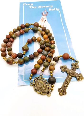 Succour7 خرز مسبحة كاثوليكية رائعة مصنوعة يدويًا مع ميدالية معجزة وصليب الثالوث المقدس - خرز عقد 8 مم - خرز زجاجي غامض 10 مم - للرجال والنساء والأطفال in Kuwait