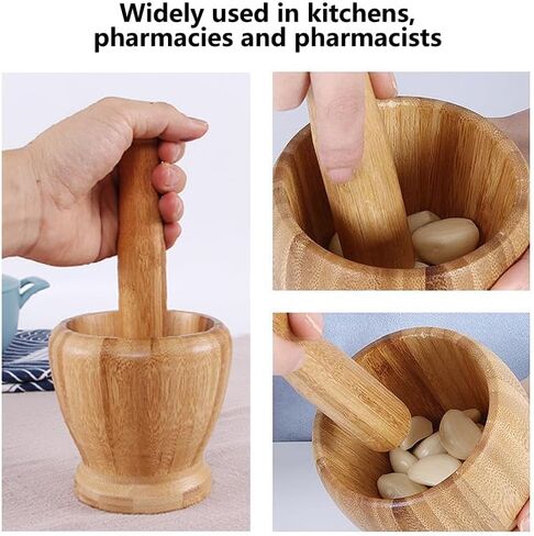 Bamboo Mortar and Pestle, Wood Pill Crusher Grinder Fine Powder, Hands Spice Grinder Pill Crusher Molcajete Herb Bowl Kitchen Tool in Kuwait