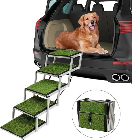 Extra Wide Dog Car Stairs Adjustable Large Pet Dogs Ladder Lightweight Aluminum Foldable Dog Ramp with 5 Steps and Artificial Grass Non-Slip Surface for Cars SUV and High Beds,Supports up to 150 Lbs in Kuwait