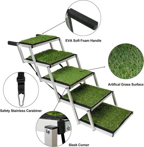 Extra Wide Dog Car Stairs Adjustable Large Pet Dogs Ladder Lightweight Aluminum Foldable Dog Ramp with 5 Steps and Artificial Grass Non-Slip Surface for Cars SUV and High Beds,Supports up to 150 Lbs in Kuwait