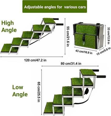 Extra Wide Dog Car Stairs Adjustable Large Pet Dogs Ladder Lightweight Aluminum Foldable Dog Ramp with 5 Steps and Artificial Grass Non-Slip Surface for Cars SUV and High Beds,Supports up to 150 Lbs in Kuwait