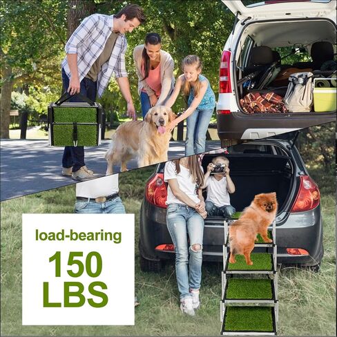 Extra Wide Dog Car Stairs Adjustable Large Pet Dogs Ladder Lightweight Aluminum Foldable Dog Ramp with 5 Steps and Artificial Grass Non-Slip Surface for Cars SUV and High Beds,Supports up to 150 Lbs in Kuwait