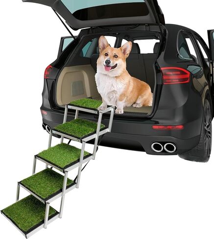 Extra Wide Dog Car Stairs Adjustable Large Pet Dogs Ladder Lightweight Aluminum Foldable Dog Ramp with 5 Steps and Artificial Grass Non-Slip Surface for Cars SUV and High Beds,Supports up to 150 Lbs in Kuwait