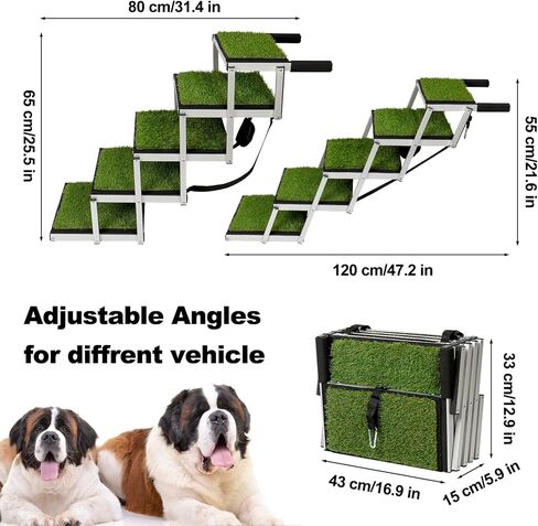 Extra Wide Dog Car Stairs Adjustable Large Pet Dogs Ladder Lightweight Aluminum Foldable Dog Ramp with 5 Steps and Artificial Grass Non-Slip Surface for Cars SUV and High Beds,Supports up to 150 Lbs in Kuwait