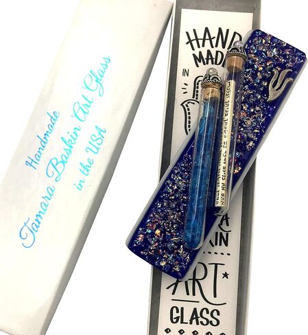 Tamara Baskin Art Glass Sparkling Wedding Mezuzah - Gift Box and Non-Kosher Scroll Included - Hand Made in The USA (Blue) in Kuwait