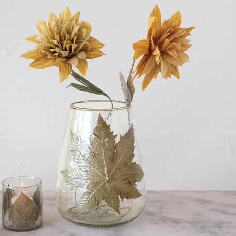 Creative Co-Op Handblown Glass Hurricane with Embedded Papaya Leaves and Gold Foil Edge, Clear, 8" L x 8" W x 10" H in Saudi Arabia