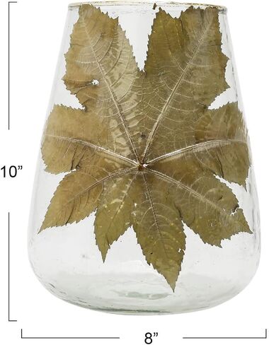 Creative Co-Op Handblown Glass Hurricane with Embedded Papaya Leaves and Gold Foil Edge, Clear, 8" L x 8" W x 10" H in Saudi Arabia