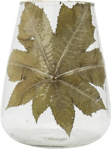 Creative Co-Op Handblown Glass Hurricane with Embedded Papaya Leaves and Gold Foil Edge, Clear, 8" L x 8" W x 10" H in Saudi Arabia