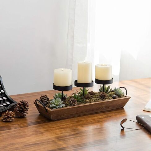 MyGift 3-Pillar Candle Holder Centerpiece - Decorative Tabletop or Mantel Decor Tray with Gold-Tone Metal and Vintage White Wood in Saudi Arabia