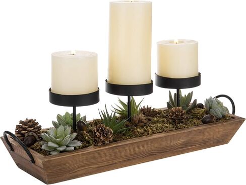 MyGift 3-Pillar Candle Holder Centerpiece - Decorative Tabletop or Mantel Decor Tray with Gold-Tone Metal and Vintage White Wood in Saudi Arabia