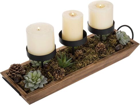MyGift 3-Pillar Candle Holder Centerpiece - Decorative Tabletop or Mantel Decor Tray with Gold-Tone Metal and Vintage White Wood in Saudi Arabia