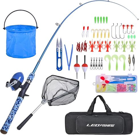 LEOFISHING Kids Fishing Pole Set with Full Starter Kits Portable Telescopic Fishing Rod and Spincast Reel with a Fishing Net and Bucket for Boys Girls and Youth in Saudi Arabia