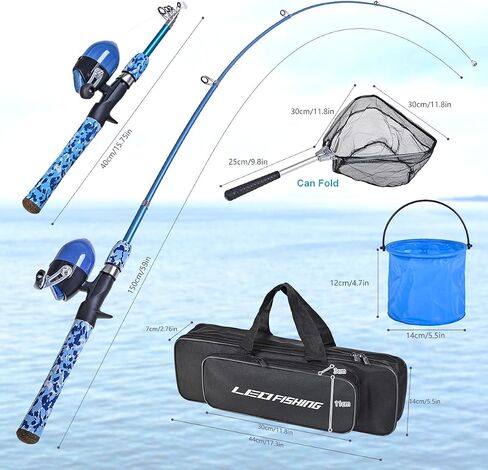 LEOFISHING Kids Fishing Pole Set with Full Starter Kits Portable Telescopic Fishing Rod and Spincast Reel with a Fishing Net and Bucket for Boys Girls and Youth in Saudi Arabia