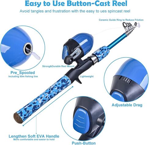 LEOFISHING Kids Fishing Pole Set with Full Starter Kits Portable Telescopic Fishing Rod and Spincast Reel with a Fishing Net and Bucket for Boys Girls and Youth in Saudi Arabia