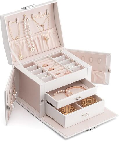 منظم صندوق المجوهرات من Oyydecor للنساء والفتيات، جلد PU كبير، صندوق تخزين مجوهرات متوسط ​​الحجم مع قفل منظم مجوهرات متوسط ​​الحجم حقيبة مجوهرات محمولة للسفر (أبيض) in Kuwait