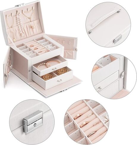 منظم صندوق المجوهرات من Oyydecor للنساء والفتيات، جلد PU كبير، صندوق تخزين مجوهرات متوسط ​​الحجم مع قفل منظم مجوهرات متوسط ​​الحجم حقيبة مجوهرات محمولة للسفر (أبيض) in Kuwait
