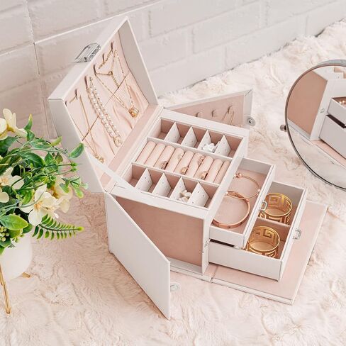 منظم صندوق المجوهرات من Oyydecor للنساء والفتيات، جلد PU كبير، صندوق تخزين مجوهرات متوسط ​​الحجم مع قفل منظم مجوهرات متوسط ​​الحجم حقيبة مجوهرات محمولة للسفر (أبيض) in Kuwait