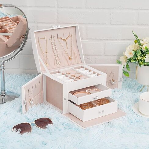 منظم صندوق المجوهرات من Oyydecor للنساء والفتيات، جلد PU كبير، صندوق تخزين مجوهرات متوسط ​​الحجم مع قفل منظم مجوهرات متوسط ​​الحجم حقيبة مجوهرات محمولة للسفر (أبيض) in Kuwait