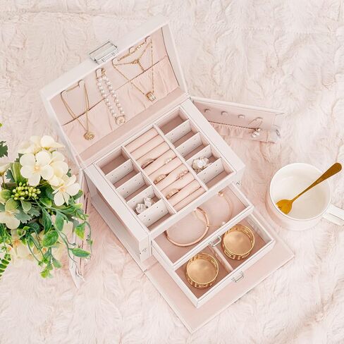 منظم صندوق المجوهرات من Oyydecor للنساء والفتيات، جلد PU كبير، صندوق تخزين مجوهرات متوسط ​​الحجم مع قفل منظم مجوهرات متوسط ​​الحجم حقيبة مجوهرات محمولة للسفر (أبيض) in Kuwait